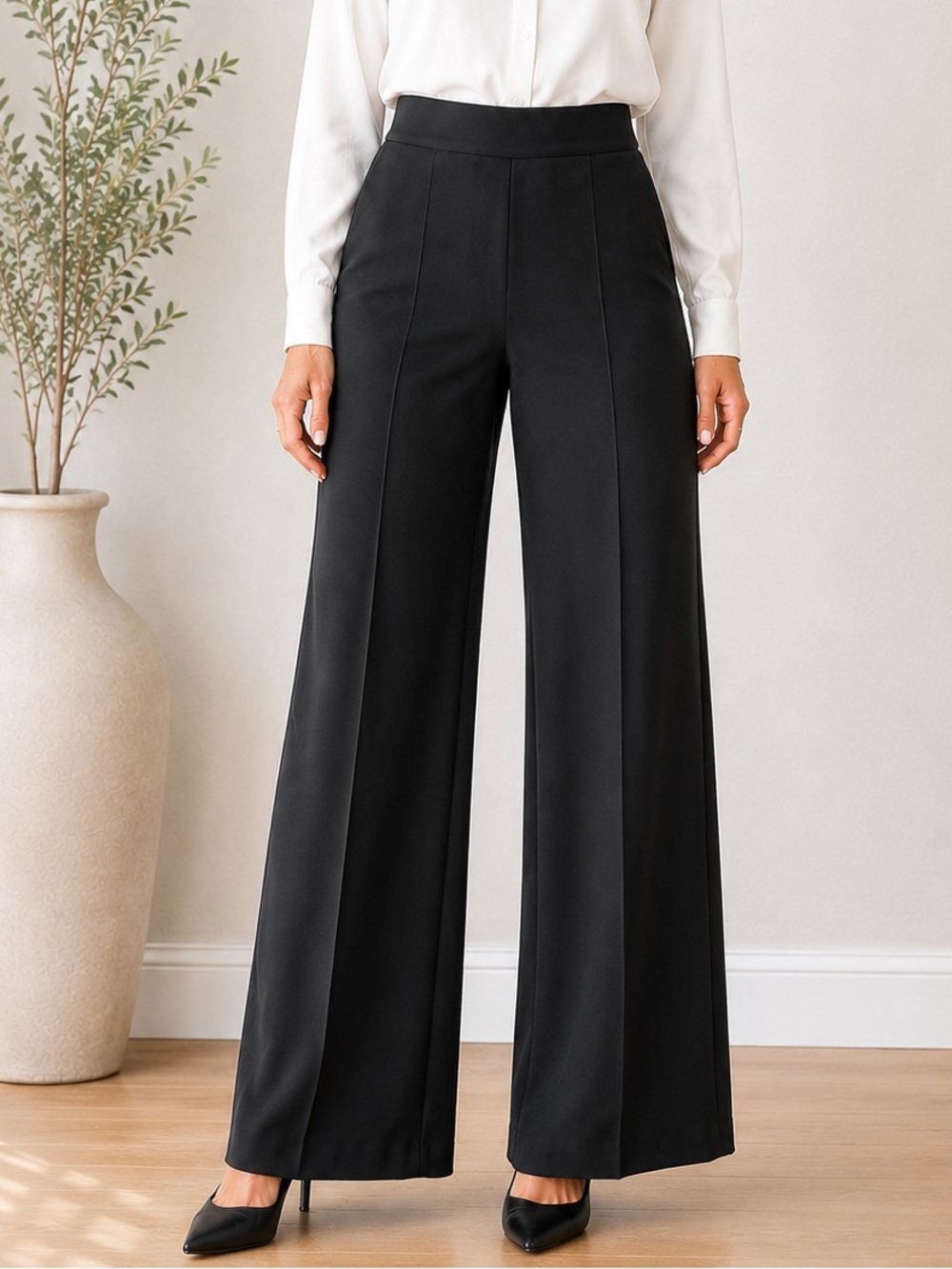 SPANX Black Wide Leg Pants Petite Large Pull On Stretch Career Quiet Luxury